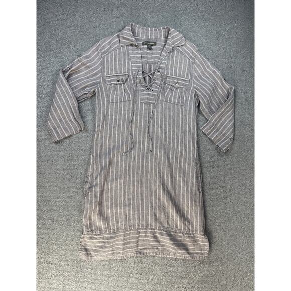 Tommy Bahama Two Palms Stripe Shirt Dress 100% Linen Natural Brown Size Small - Picture 1 of 11